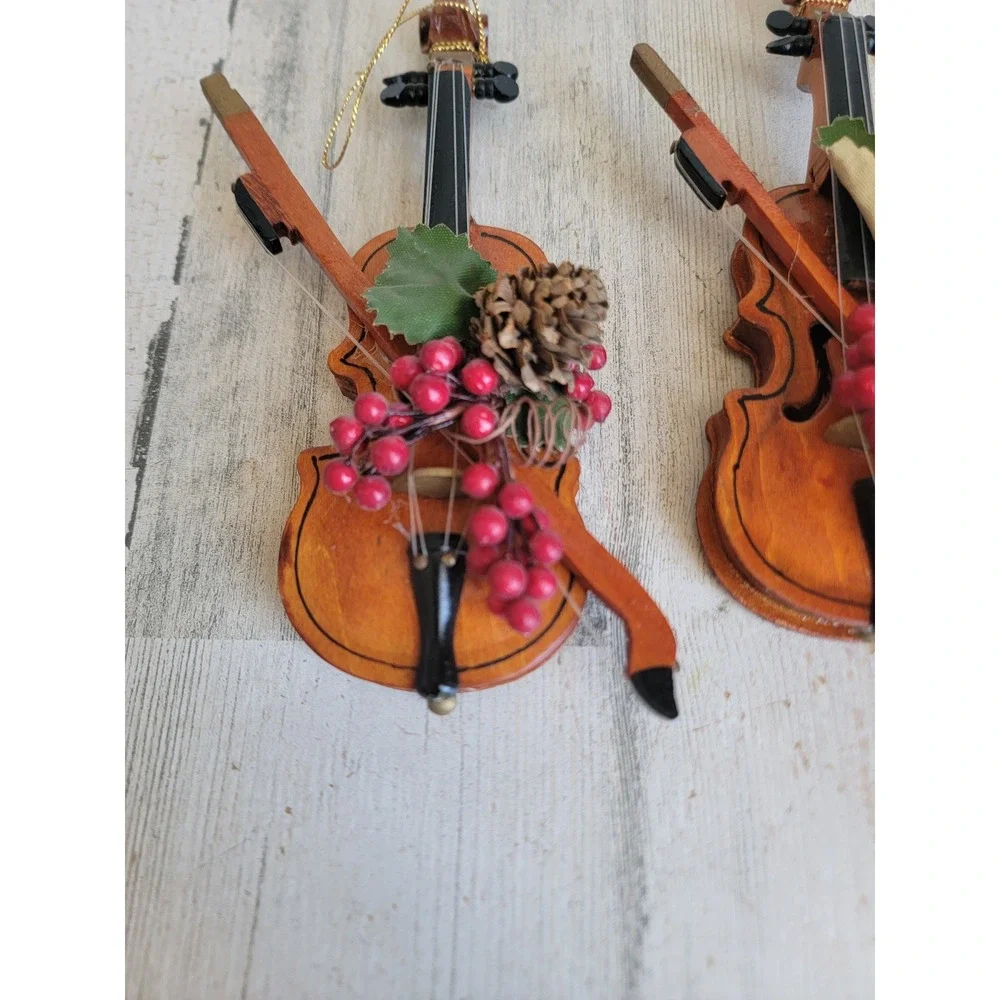 Vintage violin bow cranberry pine cone ornament Xmas wooden set home Cello